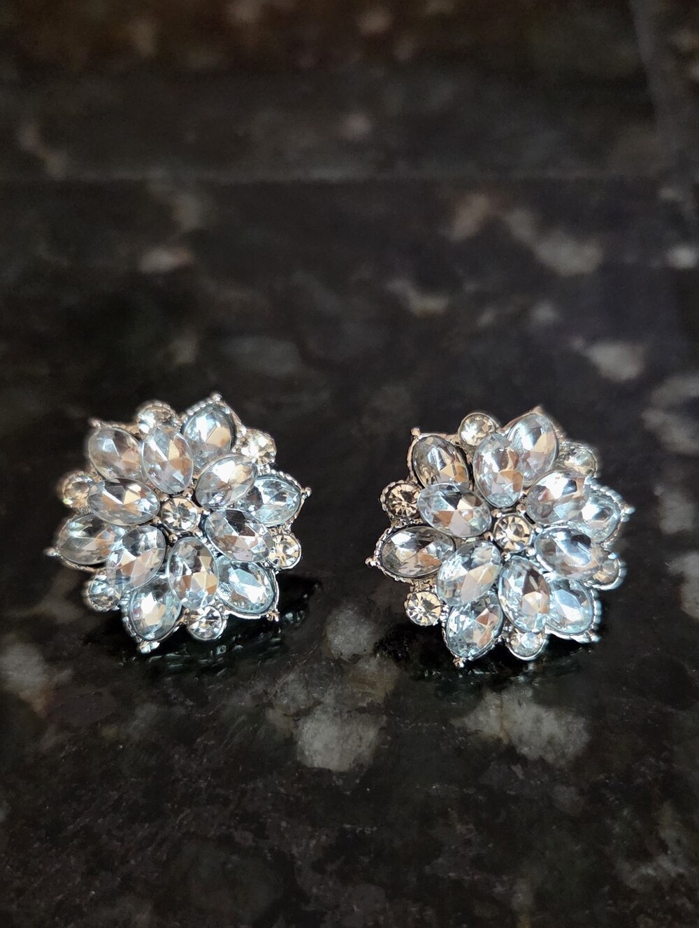 Vintage Clear Rhinestone Sunburst Floral Post Statement Earrings
